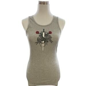 VTG‎ Hard Tail Womens L Y2K Racerback Fitted Tank Top Tattoo Roses Sword Long